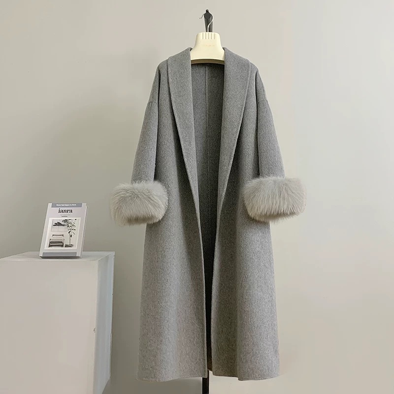Wool Coat Peacoat - Women's Real Fox Fur Belted Long