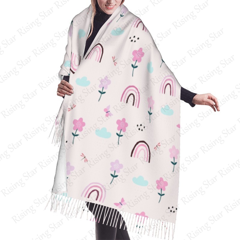 Cashmere Pashmina Wrap - Flower Rainbow Cartoon Winter Cashmere Scarf