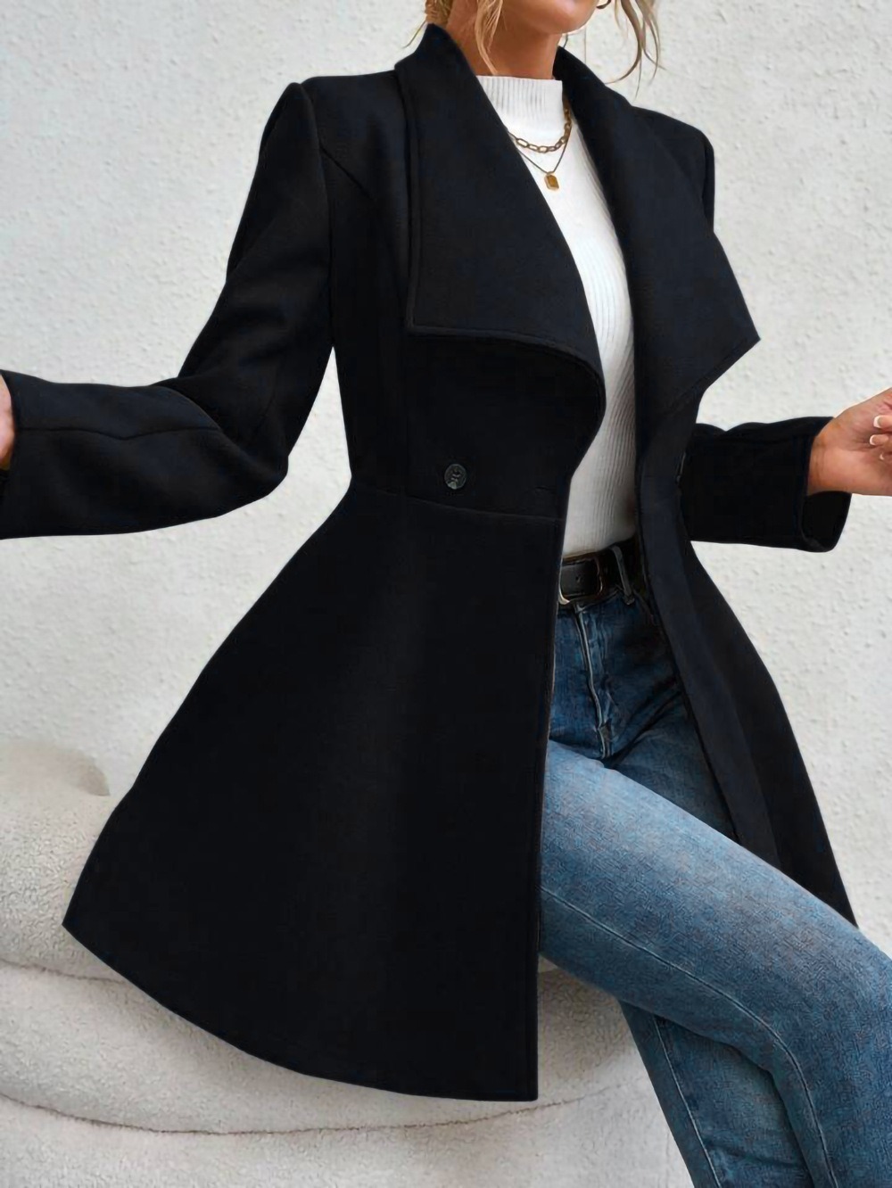 Autumn Winter Fashionable Notc - Wool Coat Peacoat 评论和价格