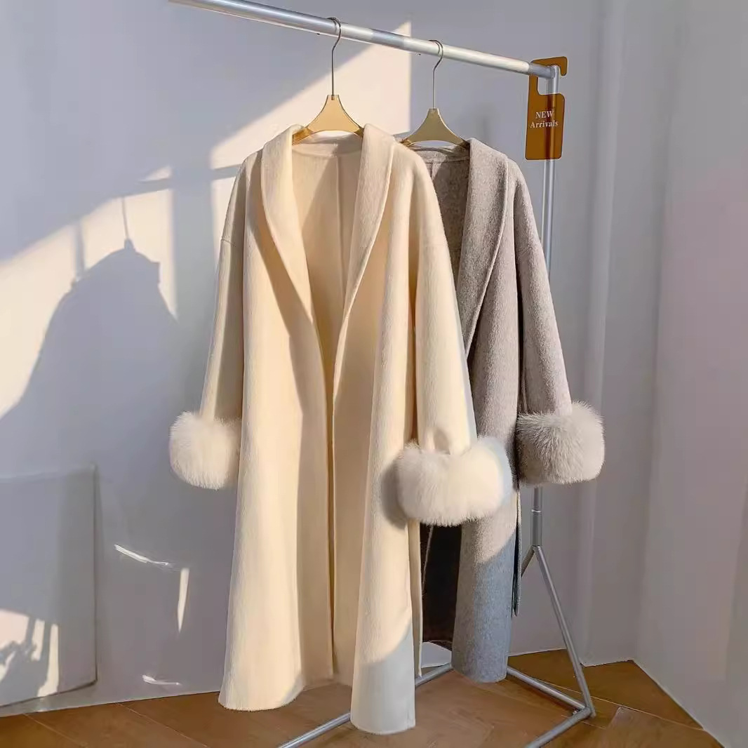 Women's Real Fox Fur Belted Lo - Wool Coat Peacoat 评论和价格