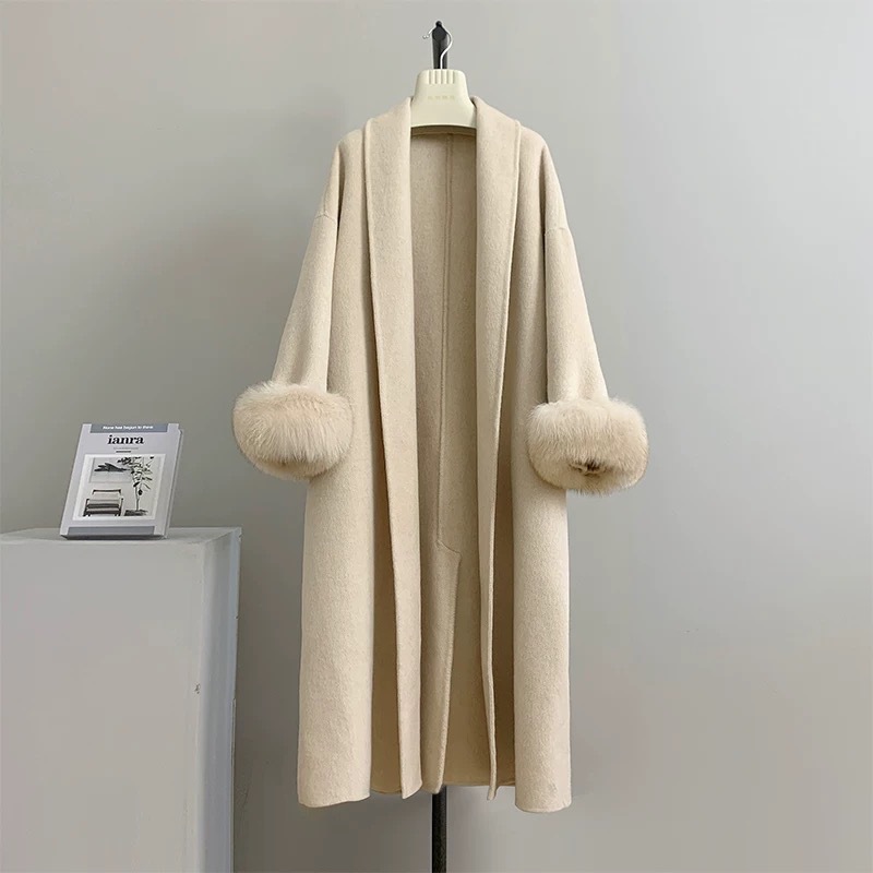 Women's Real Fox Fur Belted Lo - Wool Coat Peacoat 评论和价格