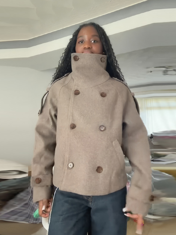 Stand Collar Short Brown Women - Wool Coat Peacoat 评论和价格