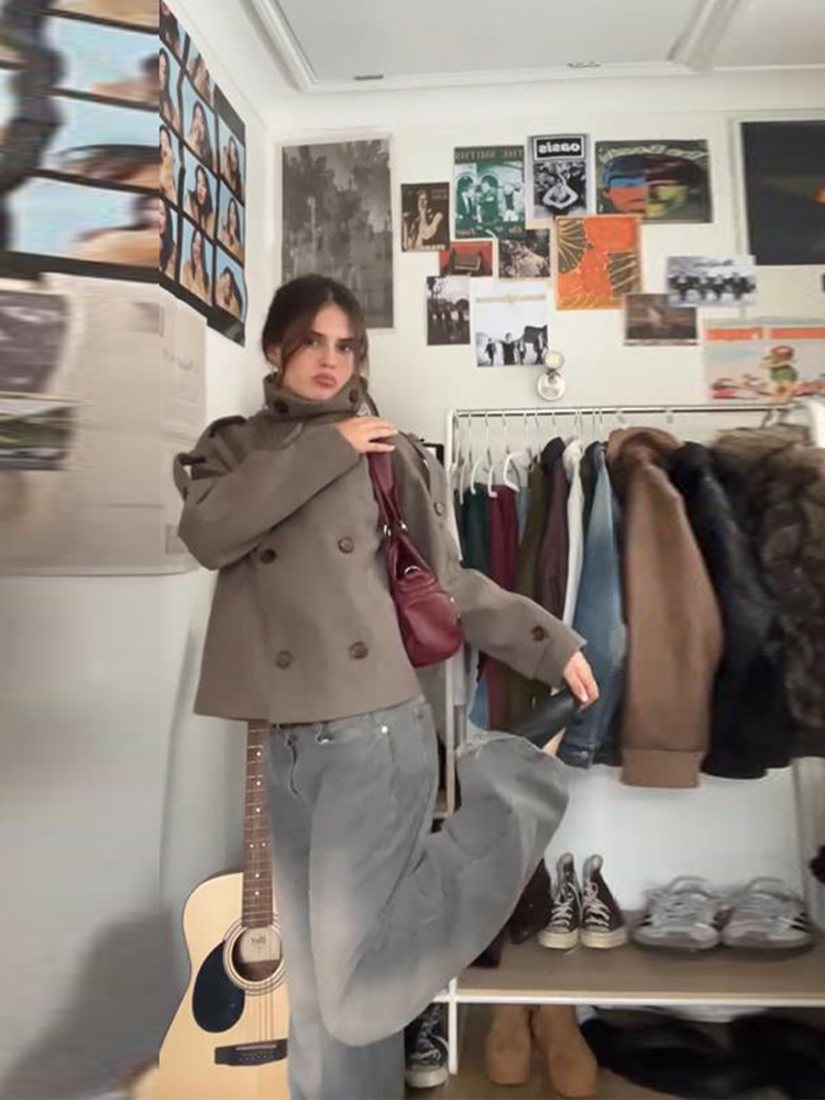 Stand Collar Short Brown Women - Wool Coat Peacoat 评论和价格