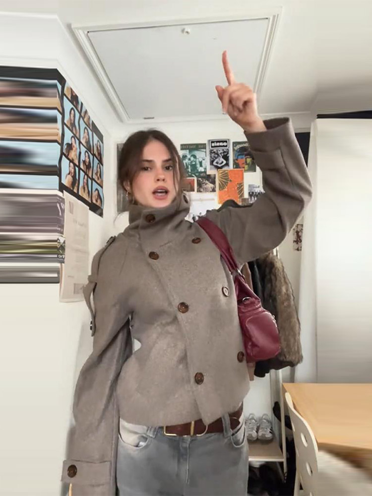 Stand Collar Short Brown Women - Wool Coat Peacoat 评论和价格